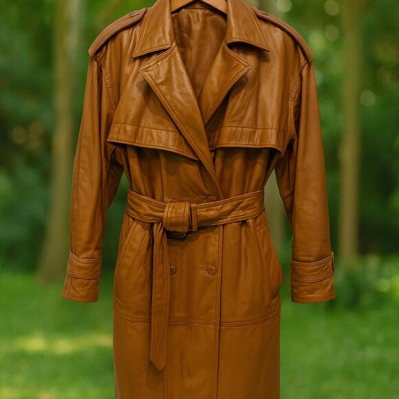 Vtg Together! 70’s Women's Leather Fit And Flare Brown Long Trench Coat Sz L - Picture 1 of 15